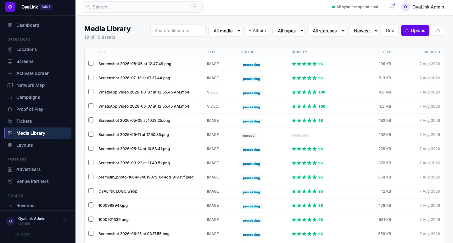 The OyaLink Media Library listing uploaded assets with type, status, and quality score.